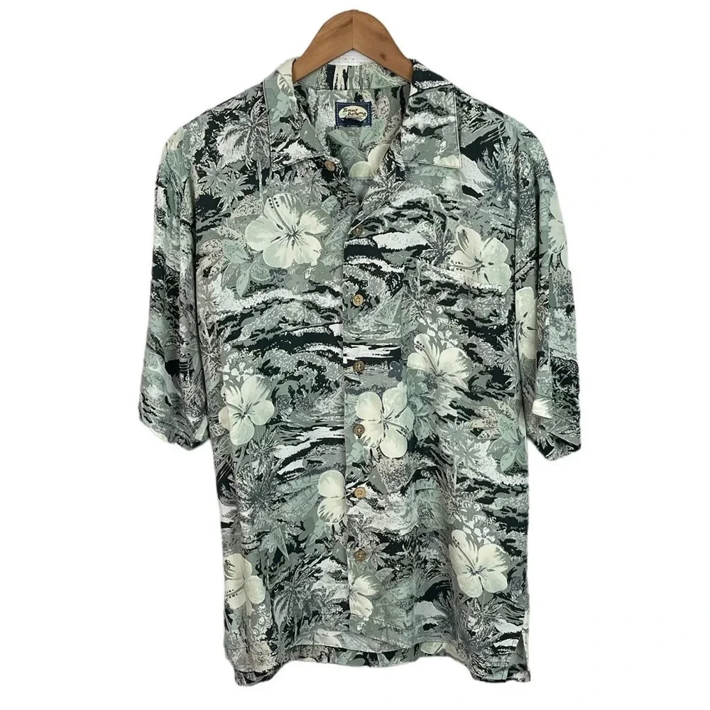 BF835 Mens Tommy Bahama Floral Hawaiian Print Casual Rayon Button Down Shirt M